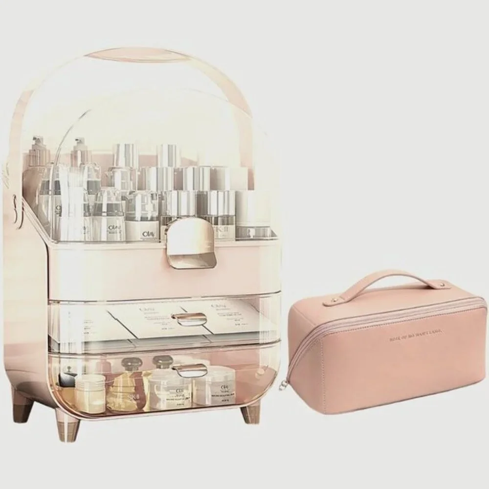 New Makeup Organizer with 2 Drawers & Lid, Dustproof Cosmetic Case for Vanity